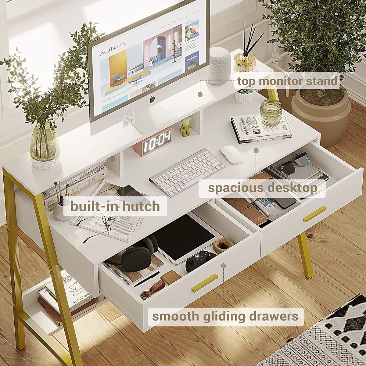 White and Gold Computer Desk with Drawers C432838