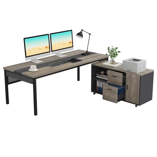 70.8" L-Shaped Computer Desk and File Cabinet Combo with Drawers and Shelves I7313