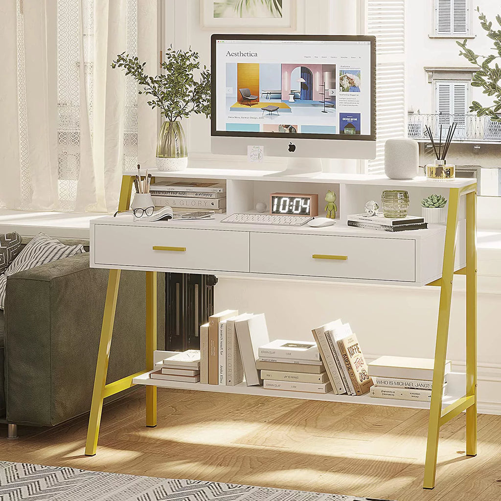White and Gold Computer Desk with Drawers C432838
