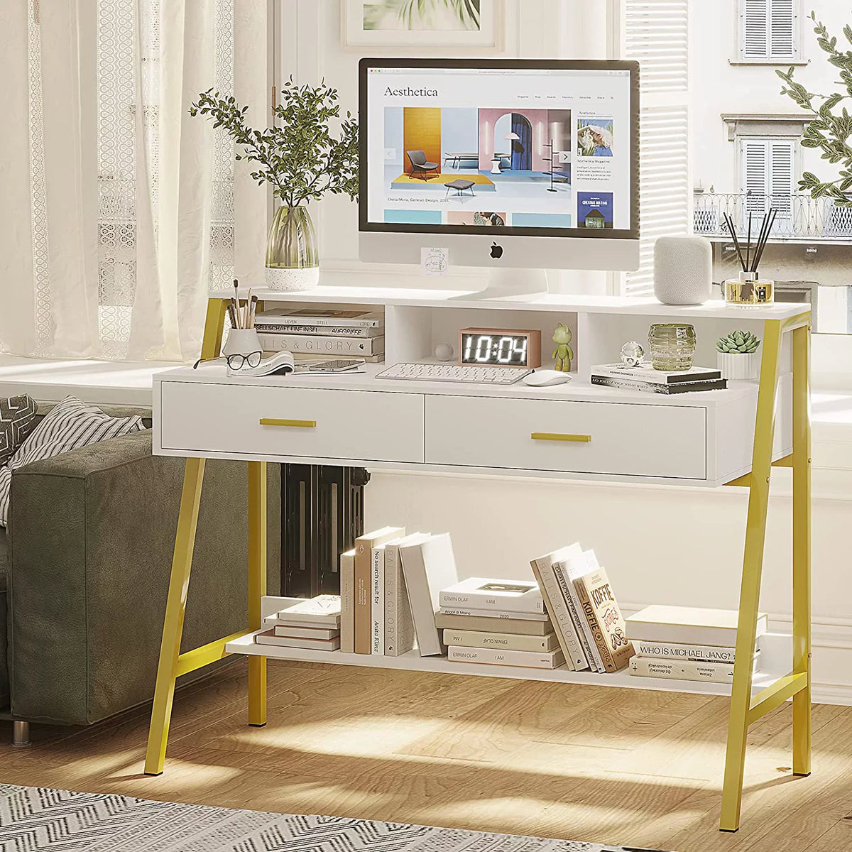White and Gold Computer Desk with Drawers C432838