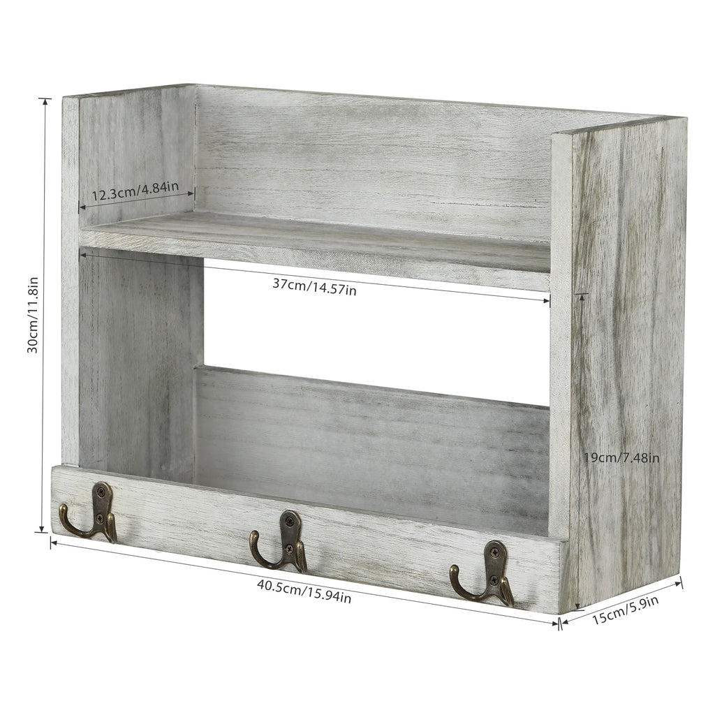 Rustic Wood Floating Storage Shelf with 3 Hooks J304