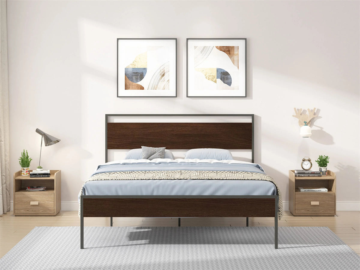 Queen Size Metal Platform Bed Frame with Wood Headboard I89338