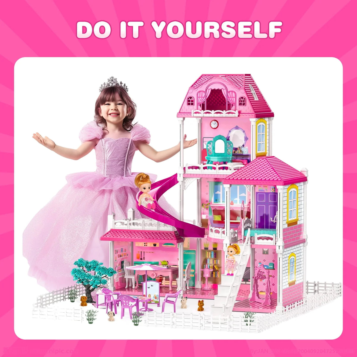 4-Story 12 Rooms Dollhouse with 2 Dolls X199