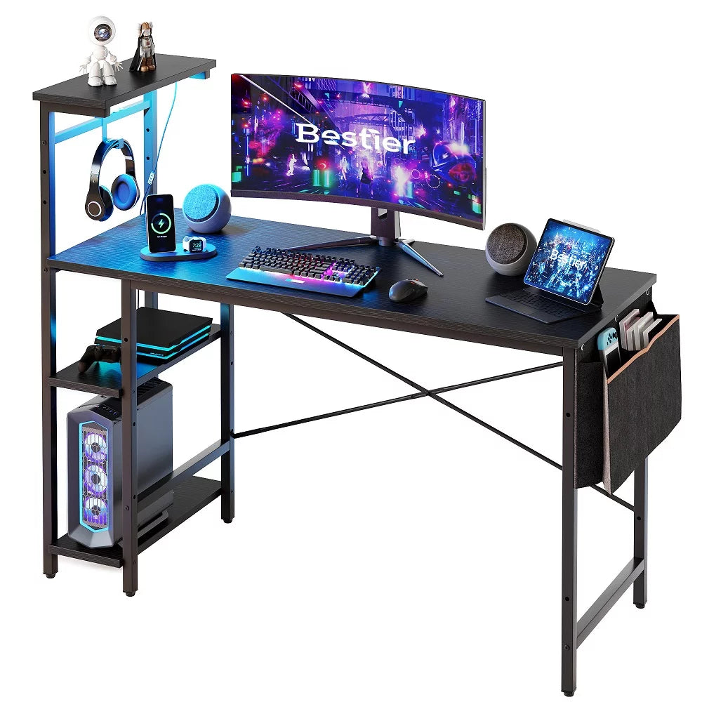 52 inch Black Gaming Computer Desk with LED Lights & Shelves G28283