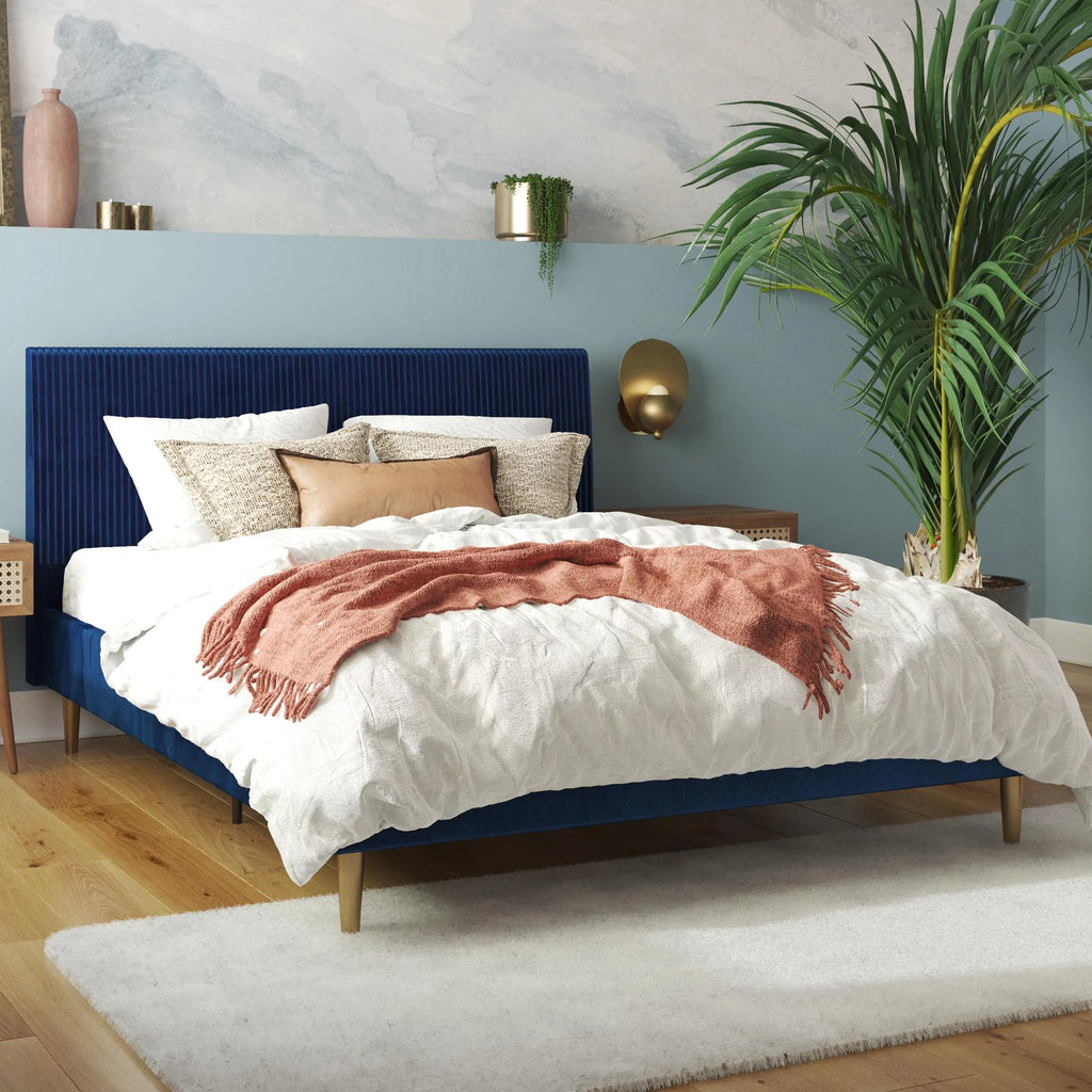 Queen Ivory Velvet Upholstered Bed with Headboard E842649