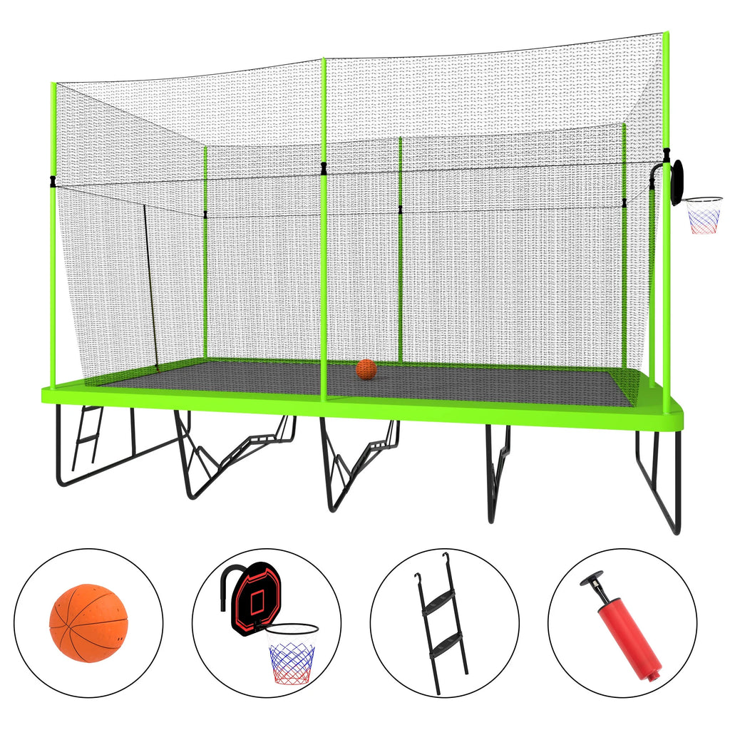 10ft by 17ft Rectangular Trampoline with Green Fabric Black Galvanized Steel Tubes with Basketball Hoop System Ladder O764066
