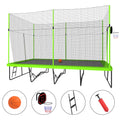 10ft by 17ft Rectangular Trampoline with Green Fabric Black Galvanized Steel Tubes with Basketball Hoop System Ladder O764066