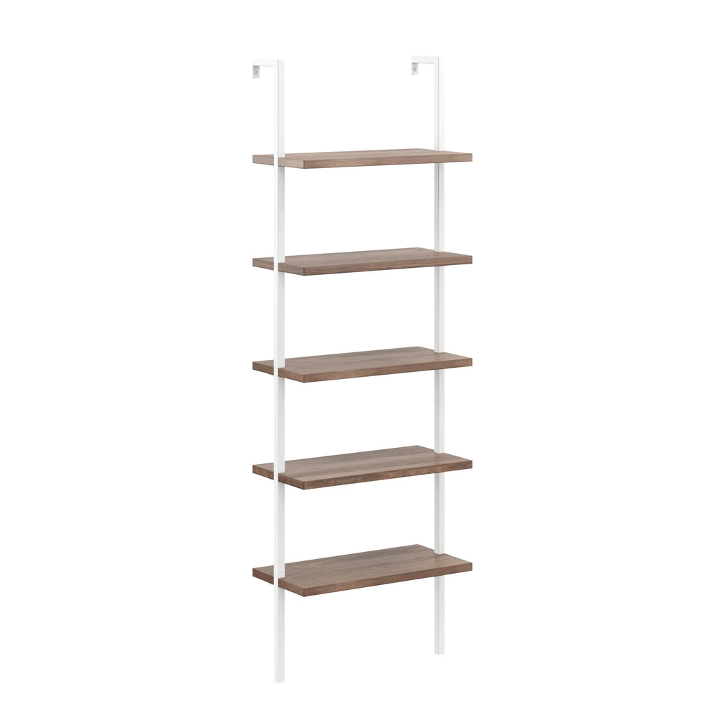 5 Shelf Ladder Bookcase Natural Light Brown Wooden and White Metal Frame H2694