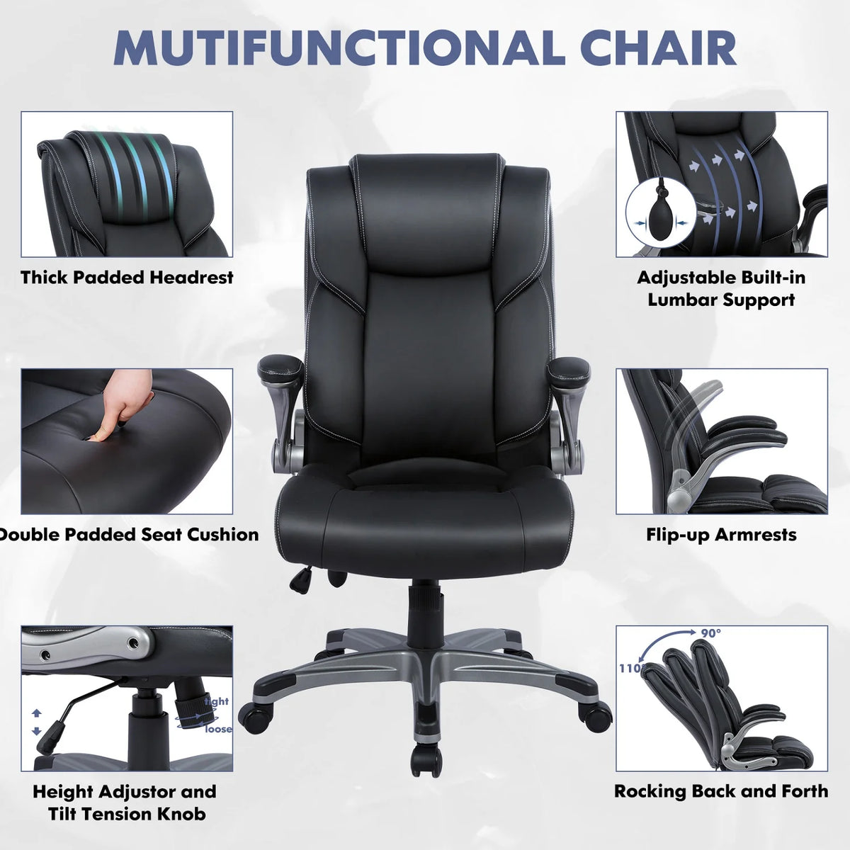 High Back Ergonomic Leather Office Chair with Flip-up Arms Q61963