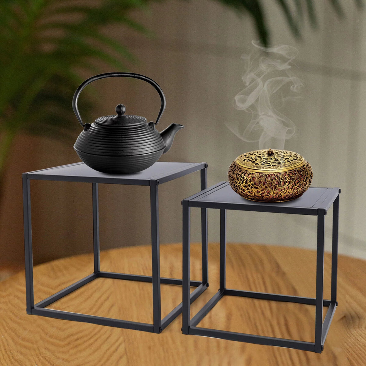 2Pcs Modern Square Metal Coffee Table Side Table End Table Matt Black K93737