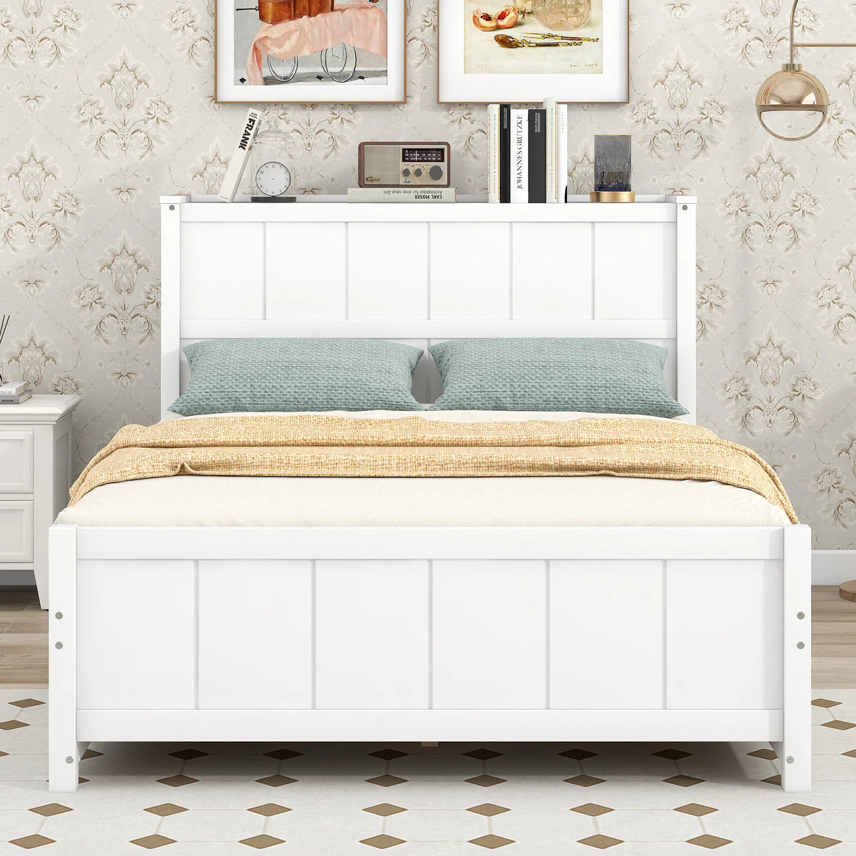 White Full Size Platform Bed with Drawers and Storage Shelves T1203