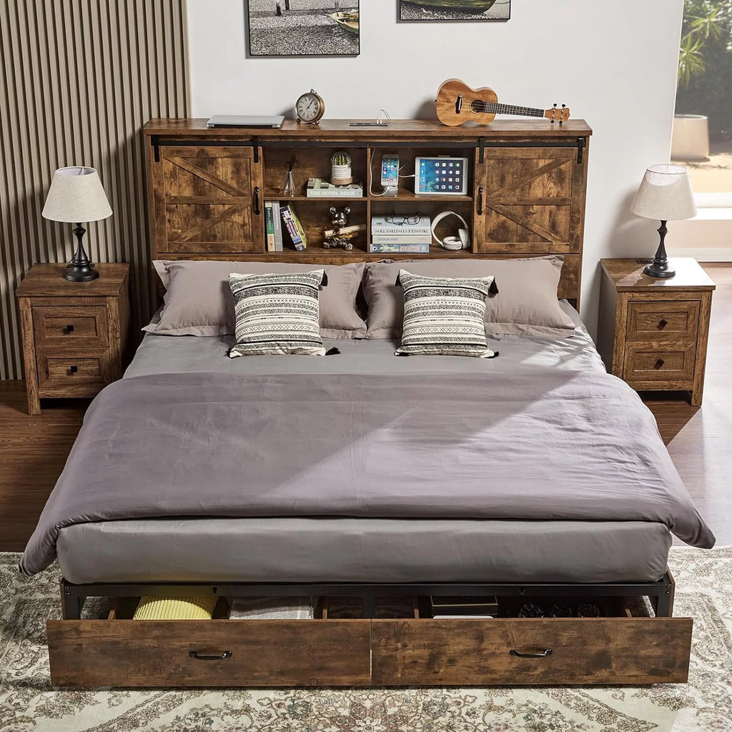King Size Wooden Platform Storage Bed Frame with Bookcase Headboard K229