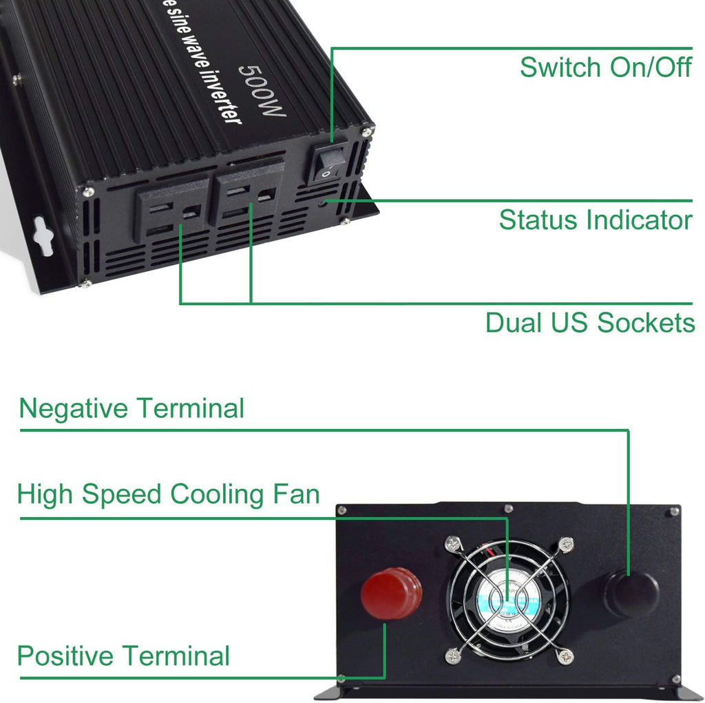 500 Watt Pure Sine Wave Inverter 12v to 110v 120v with 2 US Socket M8505