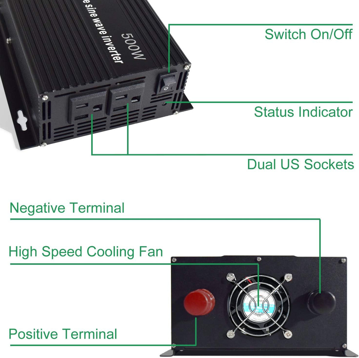 500 Watt Pure Sine Wave Inverter 12v to 110v 120v with 2 US Socket M8505