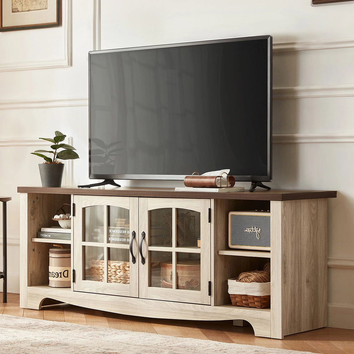 Modern Farmhouse TV Stand with Storage Cabinet and Adjustable Shelves L9702
