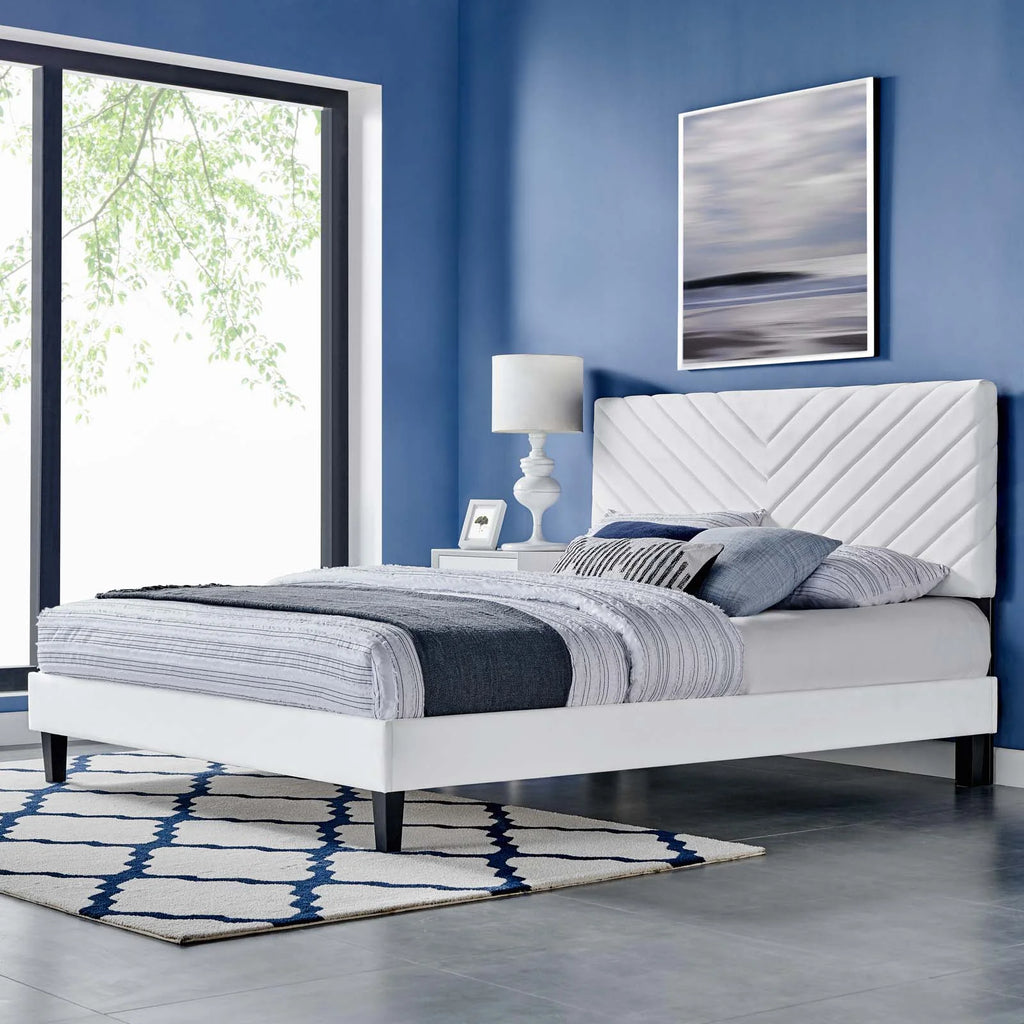 Queen Size White Velvet Platform Bed Frame M3603