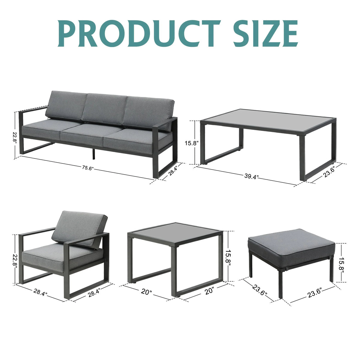 Gray Aluminum Patio Sectional Sofa Set with Table and Ottoman Z225922