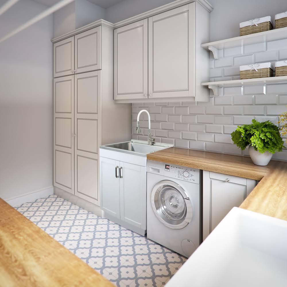 White 24-in Laundry Cabinet Sink with Stainless Steel Faucet and Basket Y1704