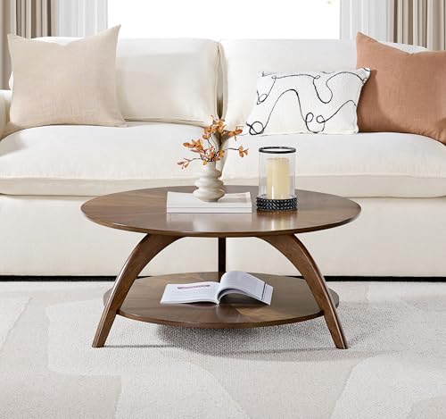 Caramel Brown Round Wood Coffee Table with Shelf Storage F186