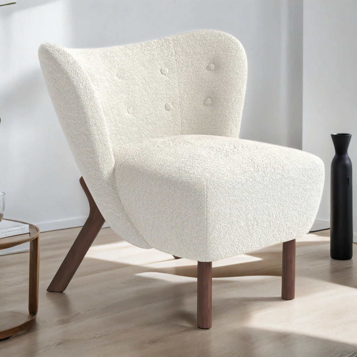 34" Wide Beige Teddy Tufted Wingback Chair with Solid Wood Leg L2083
