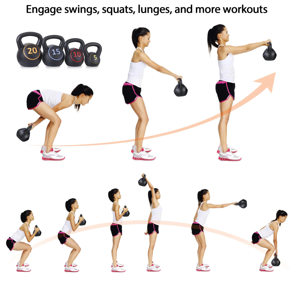 3 Piece 5lb 10lb 15lb Kettlebell Set with Storage Rack M4849