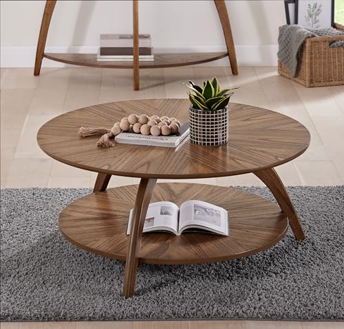 Caramel Brown Round Wood Coffee Table with Shelf Storage F186