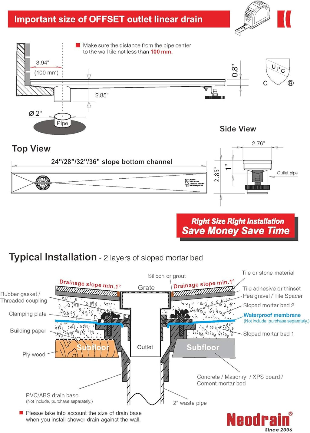 36-Inch Linear Shower Drain with Pattern Grate Cover, Brushed 304 Stainless Steel S143638
