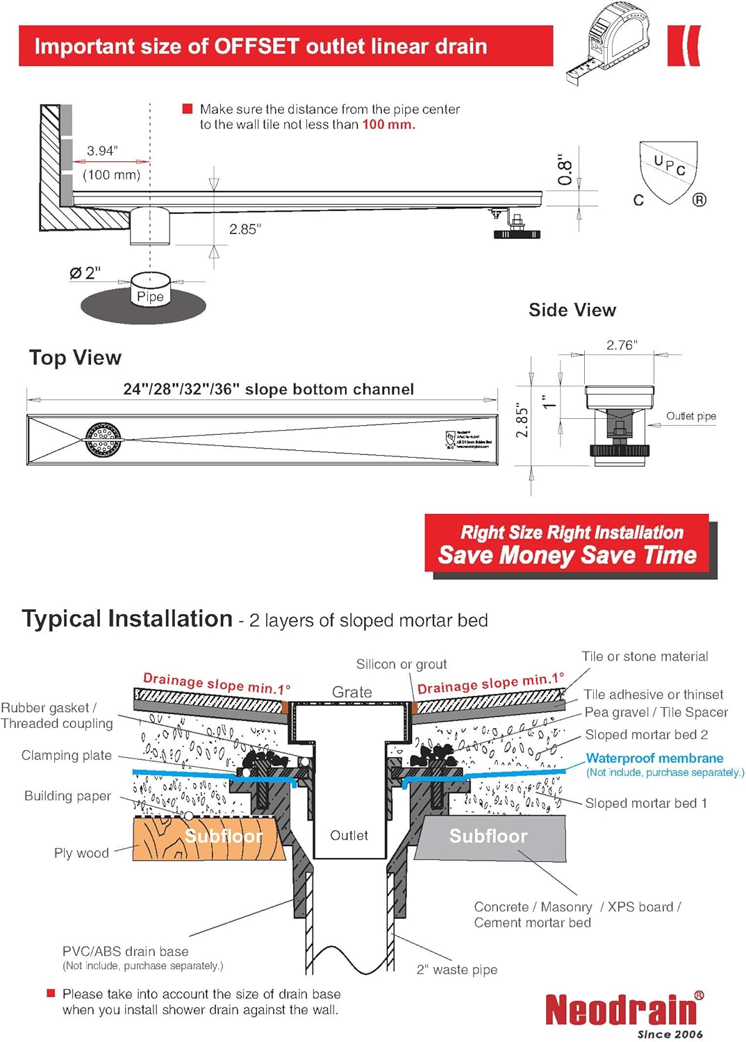 36-Inch Linear Shower Drain with Pattern Grate Cover, Brushed 304 Stainless Steel S143638