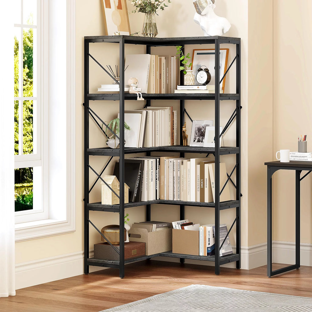 5-Tier L-Shaped Dark Gray Bookcase A1988