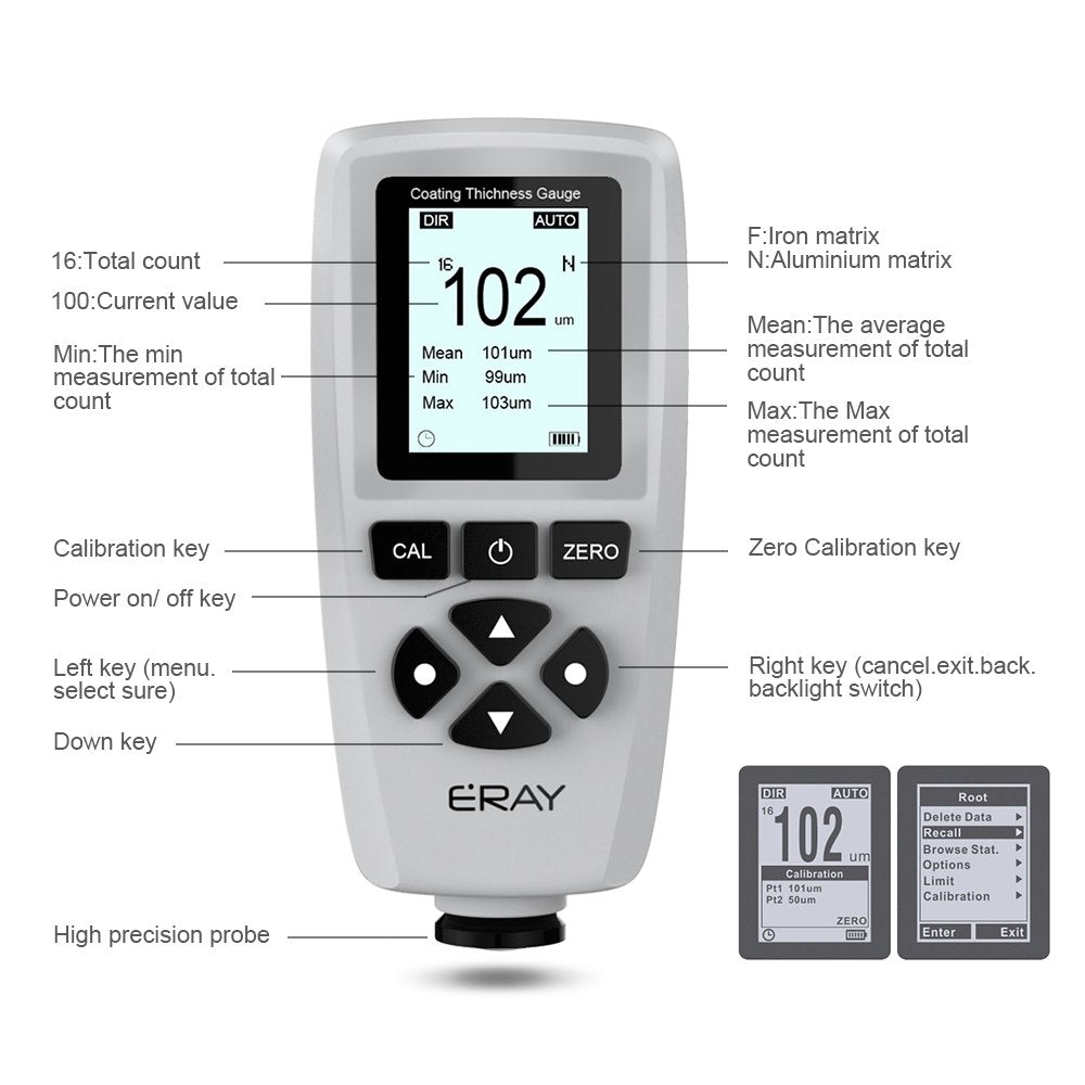 Digital Depth Mil Thickness Meter with Backlight LCD Display S628