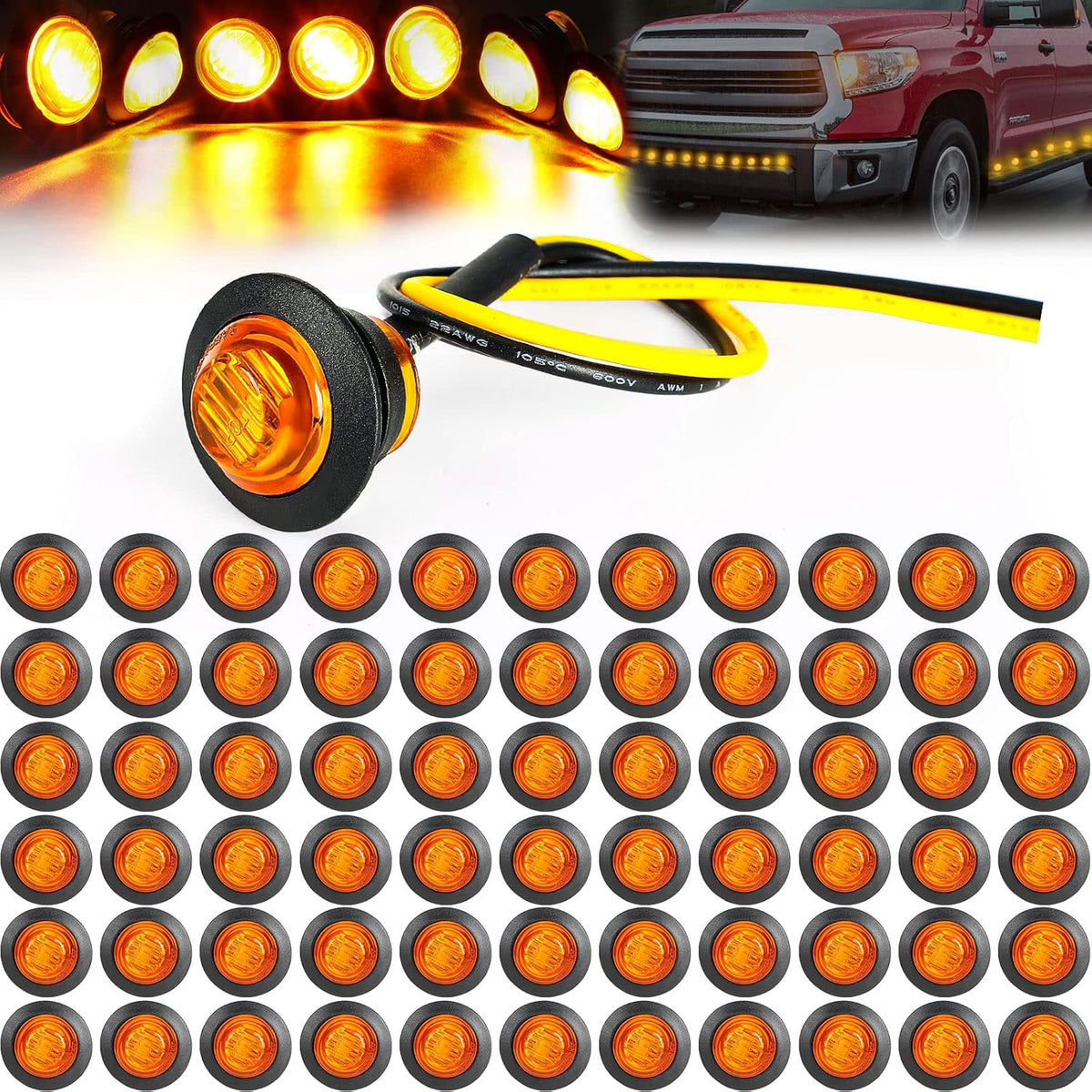 100 Pieces 3/4'' Round LED Side Marker Lights Amber E82533