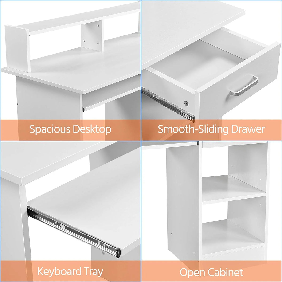 White Computer Desk with Keyboard Tray and Drawers H311