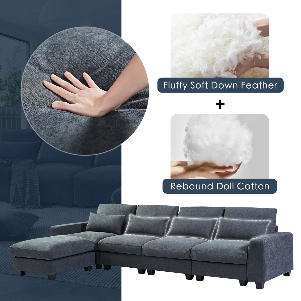 Dark Gray L-Shape Feather Filled Sectional Sofa C5250