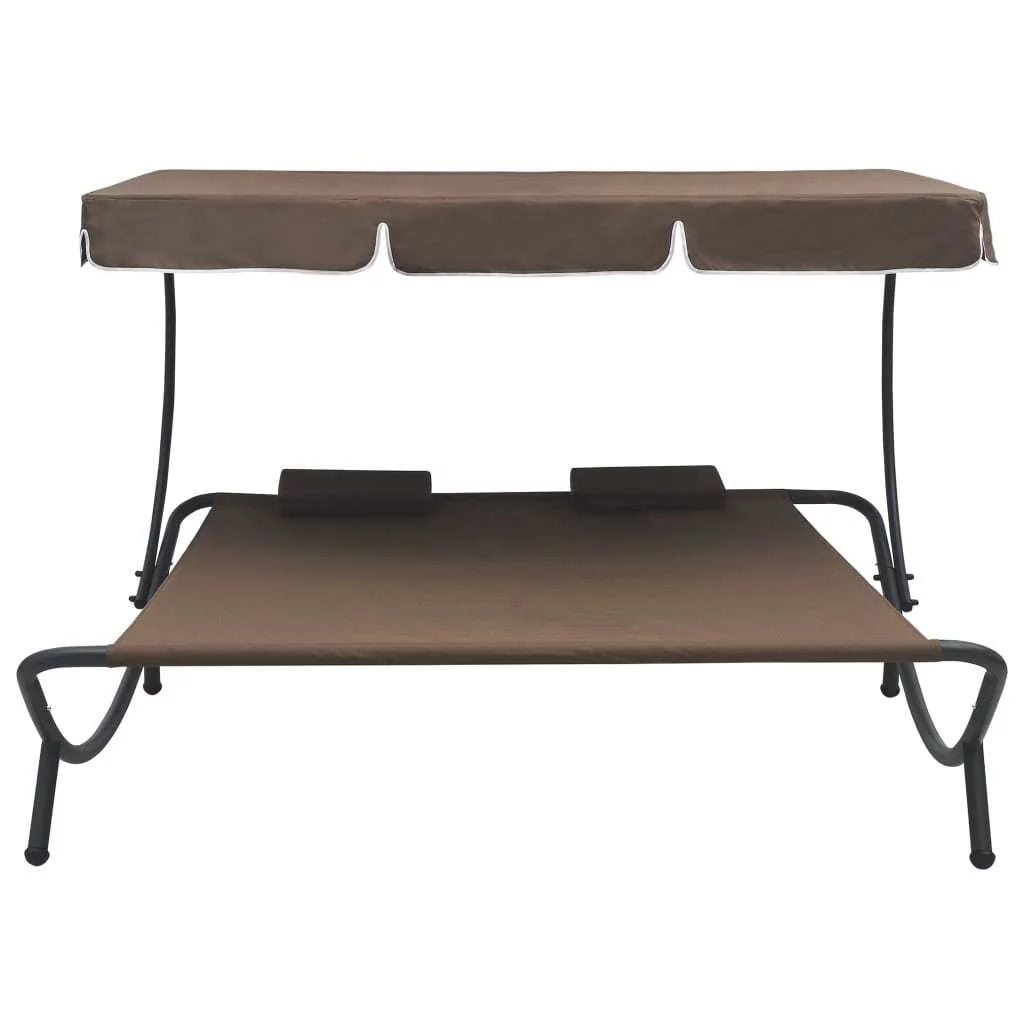 Brown Outdoor Lounge Bed with Canopy and 2 Pillows P25823