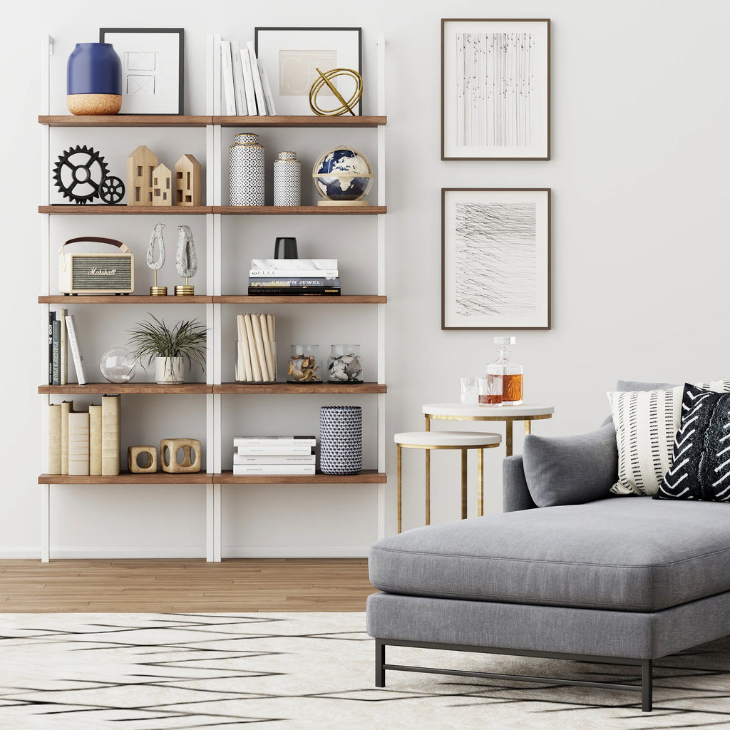 5 Shelf Ladder Bookcase Natural Light Brown Wooden and White Metal Frame H2694