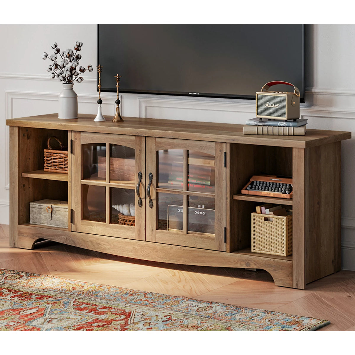 Modern Farmhouse TV Stand with Storage Cabinet and Adjustable Shelves L9702