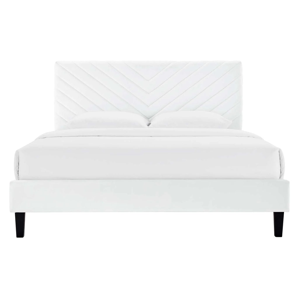 Queen Size White Velvet Platform Bed Frame M3603