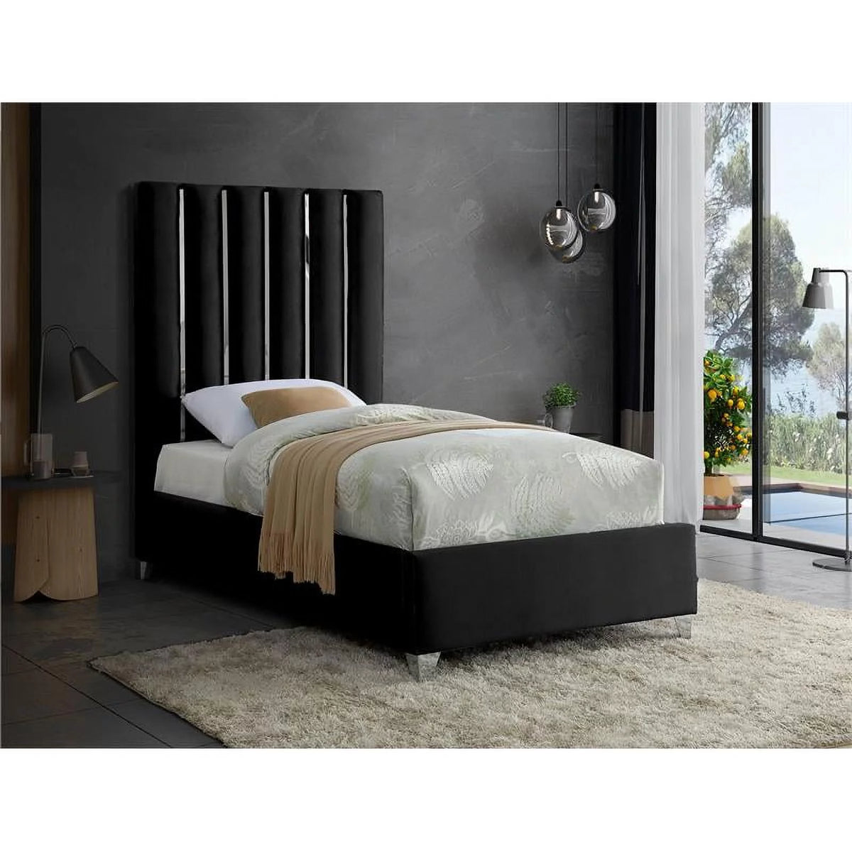 Solid Wood and Velvet Twin Bed in Black E494