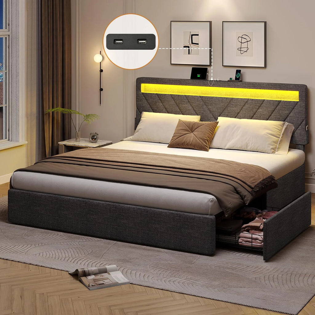 Queen Platform Bed Frame with 4 Storage Drawers, 2 USB Ports, LED Headboard, Dark Grey N8716