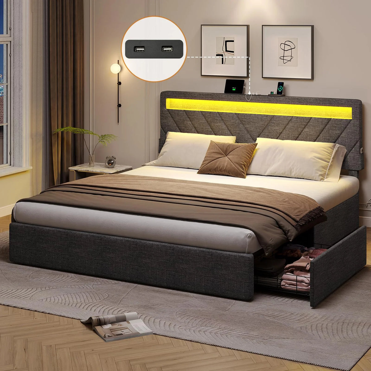Queen Platform Bed Frame with 4 Storage Drawers, 2 USB Ports, LED Headboard, Dark Grey N8716
