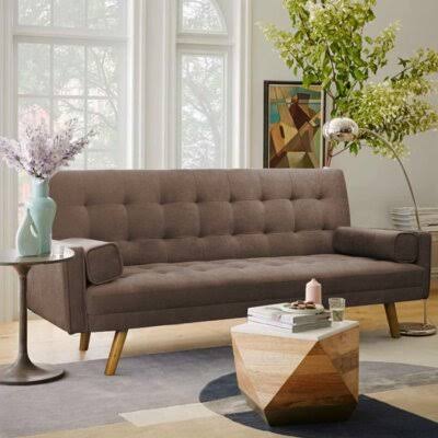Brown 100% Linen Square Arm Sofa Bed M277
