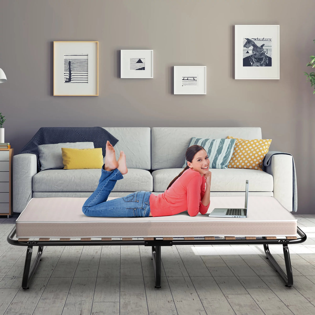 Portable Folding Guest Bed Cot with Memory Foam Mattress Twin Size Y645336