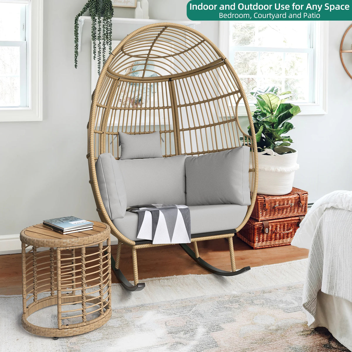 Grey Oversized Wicker Egg Rocking Chair L68915