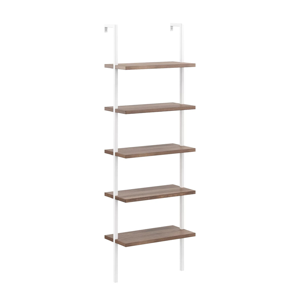 5 Shelf Ladder Bookcase Natural Light Brown Wooden and White Metal Frame H2694