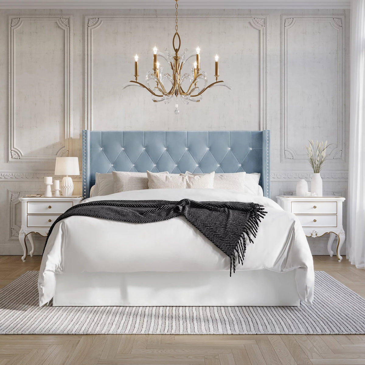 Button Tufted Wingback Velvet Upholstered Queen Bed H3404
