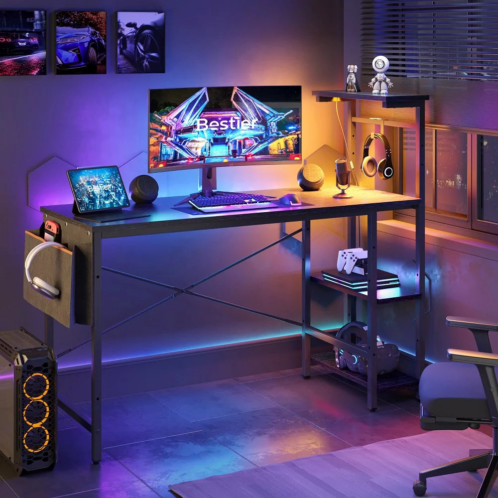 52 inch Black Gaming Computer Desk with LED Lights & Shelves G28283