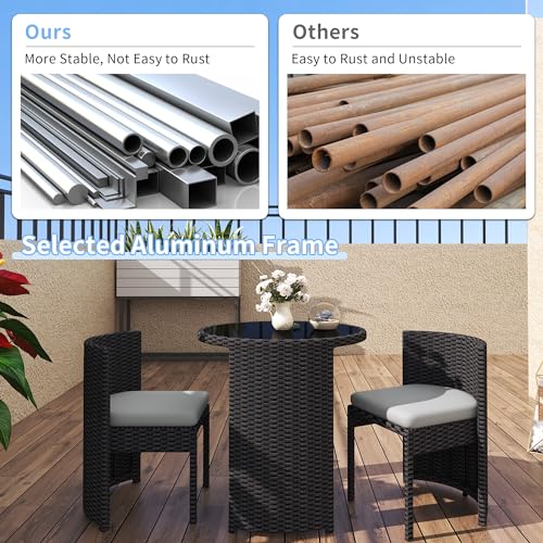 3 Pieces Aluminum Wicker Patio Bistro Set with Tempered Glass Table Black U323