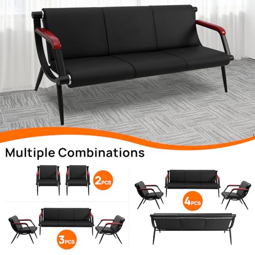 Black PU Leather Waiting Room Bench with Wooden Armrest K3359
