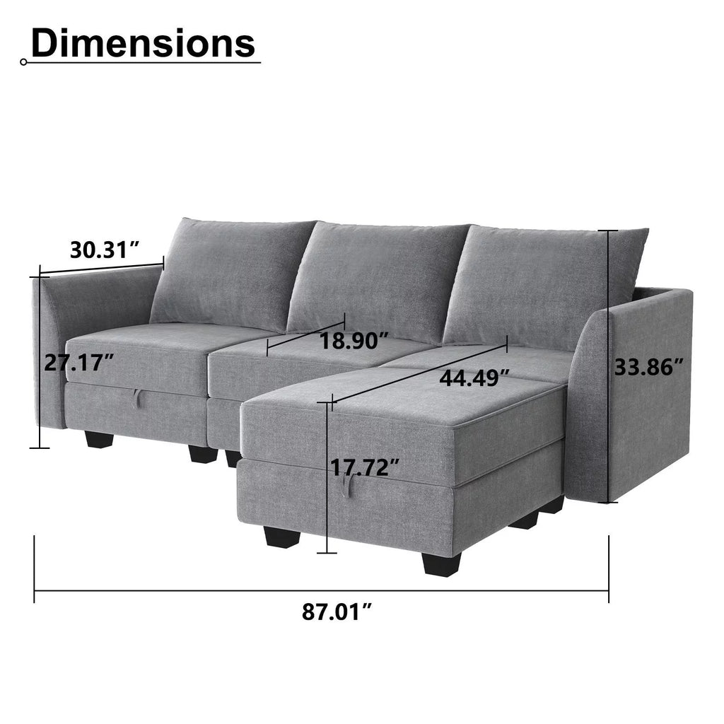 87" Convertible Sectional Sofa with Storage Seats, Grey Polyester V2529