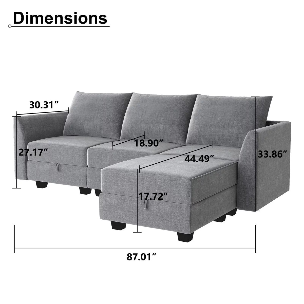 87" Convertible Sectional Sofa with Storage Seats, Grey Polyester V2529
